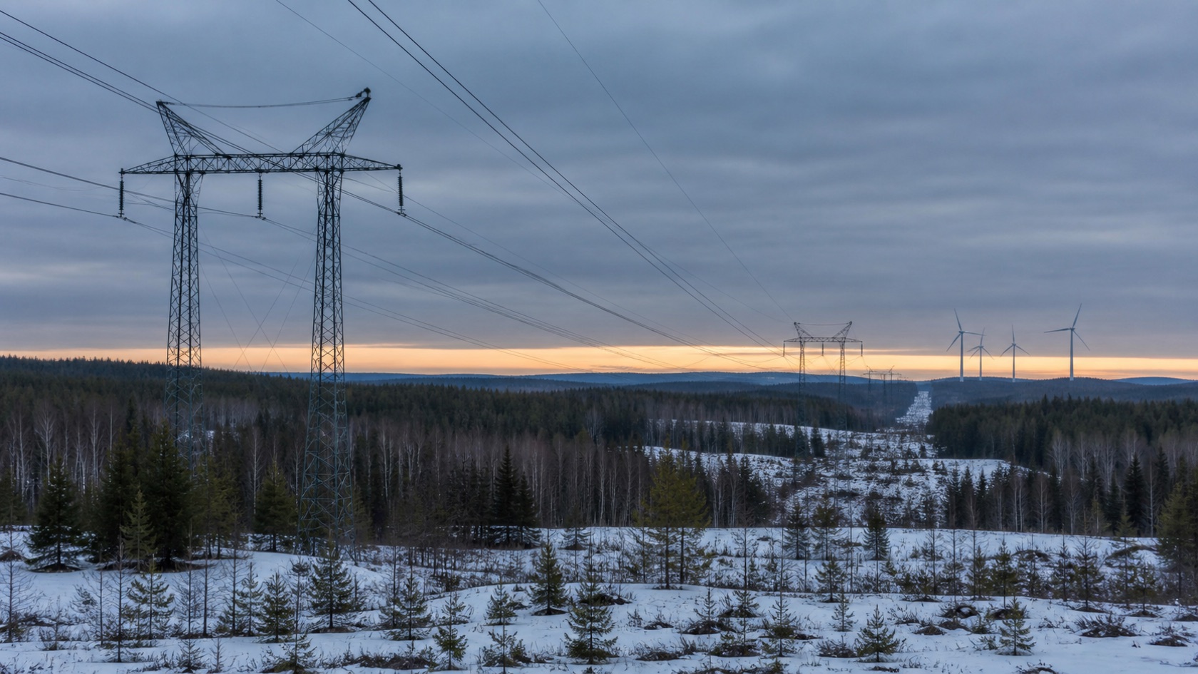 Suomen sähköverkko kulkee talvisen metsän halki kohti tuulivoimaloita